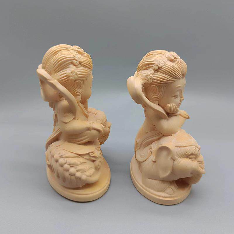 大叶黄杨雕刻文殊普贤款摆件一对规格80×62×40摆饰工艺厂家