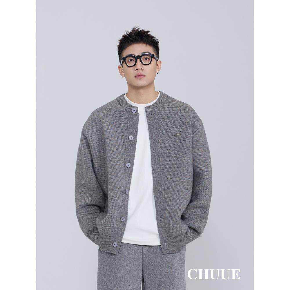 CHUUE/秋季纯色流行复古独特宽松休闲百搭灰色针织开衫毛衣外套男