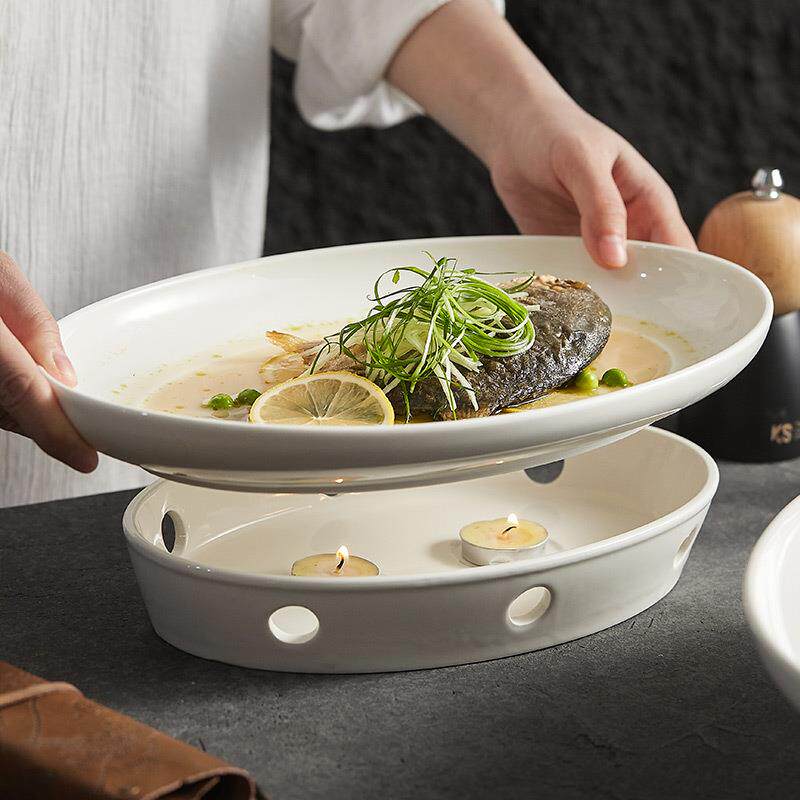 鱼盘带炉蜡烛加热干锅盘保温炉酒店高档餐厅特色餐具陶瓷盘子商用