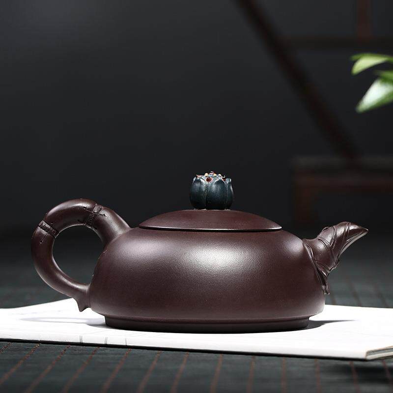 紫砂壶厂家老紫泥原矿浮雕莲花半月壶茶壶雨中砂厂货