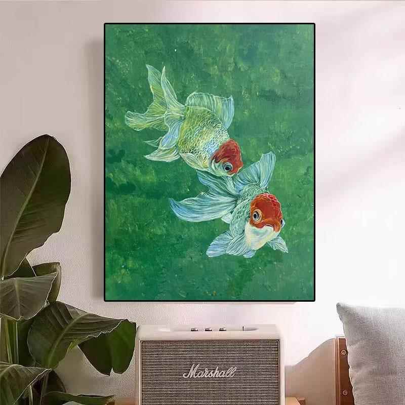纯手绘油画绿色客厅玄关装饰画年年有余风水锦鲤书房走廊挂画手工