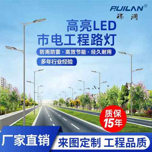 LED市电路灯户外道路照明灯6米8米10米30w50w60w80w单双臂路灯