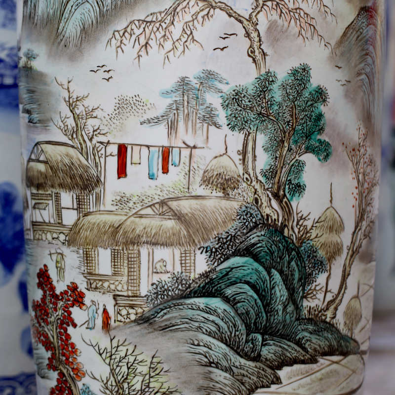 景德镇陶瓷粉彩手绘山水童子落地大花瓶家居酒店大厅庭院花瓶摆件