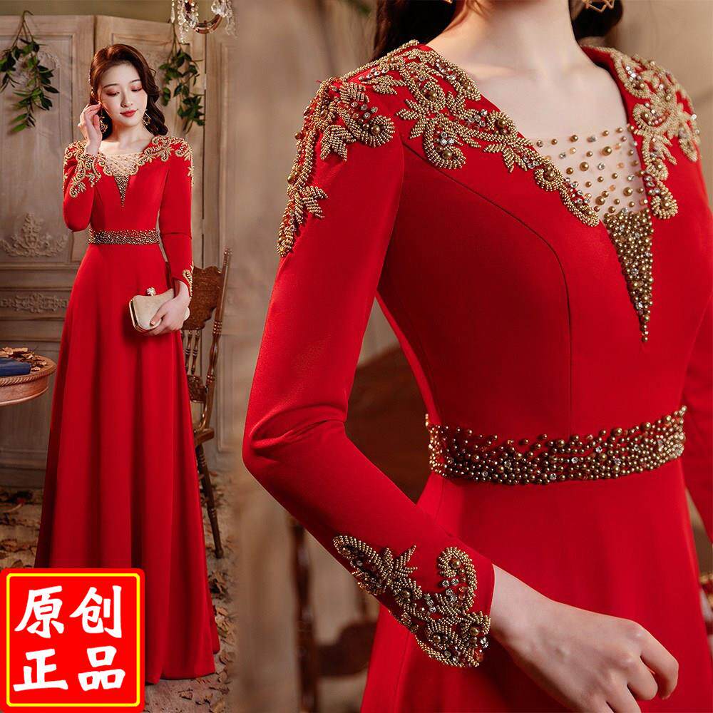 红色缎面演出服艺考宴会结婚妈妈晚礼服裙喜婆婆指挥主持人礼服女
