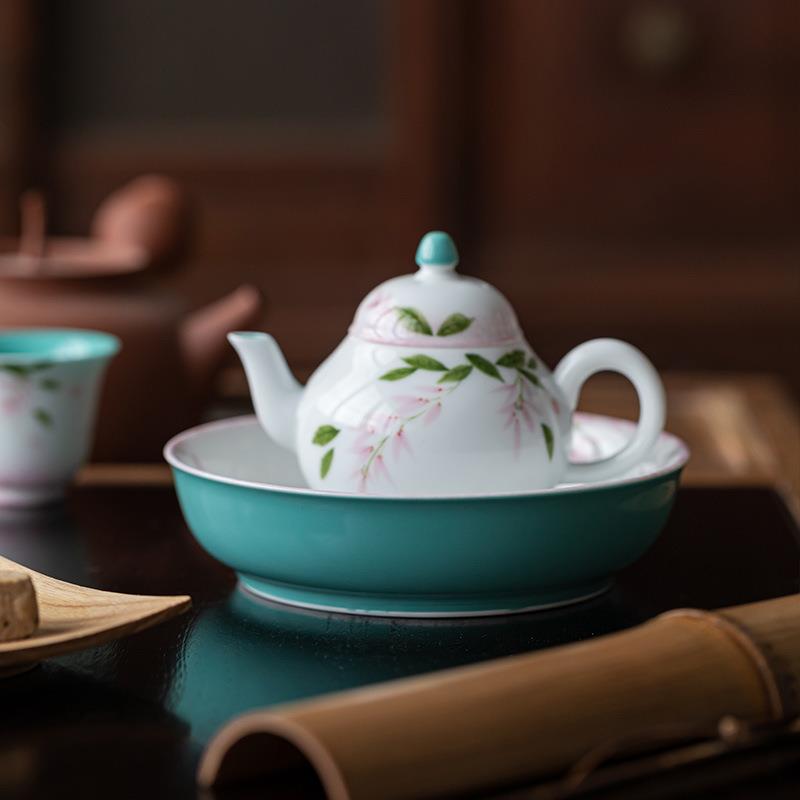 观岚纯手绘紫藤花壶承陶瓷茶壶托盘盖碗底托松石绿茶点盘小托盘