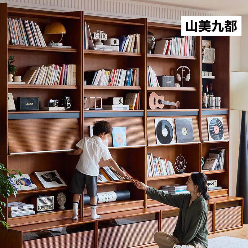 山美九都复古实木书柜卡座一体整墙置物架收纳储物展示柜落地书架