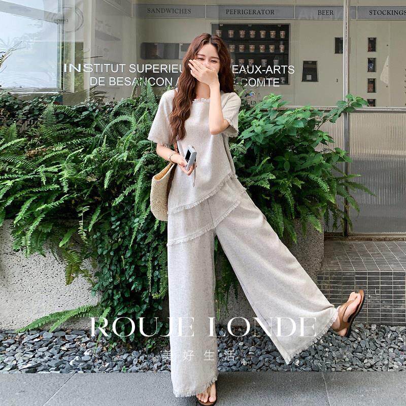 ROUJE LONDE灰色流苏上衣阔腿裤套装女2026夏大方得体穿搭一整套