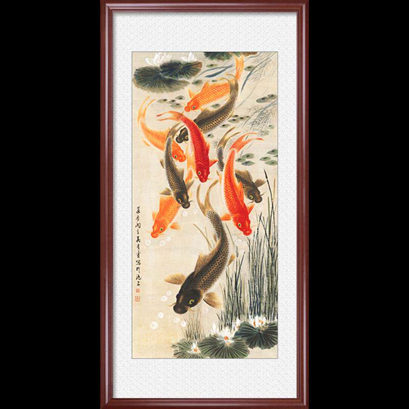 中式九鱼图玄关过道装饰画客厅国画壁饰九鱼聚财画