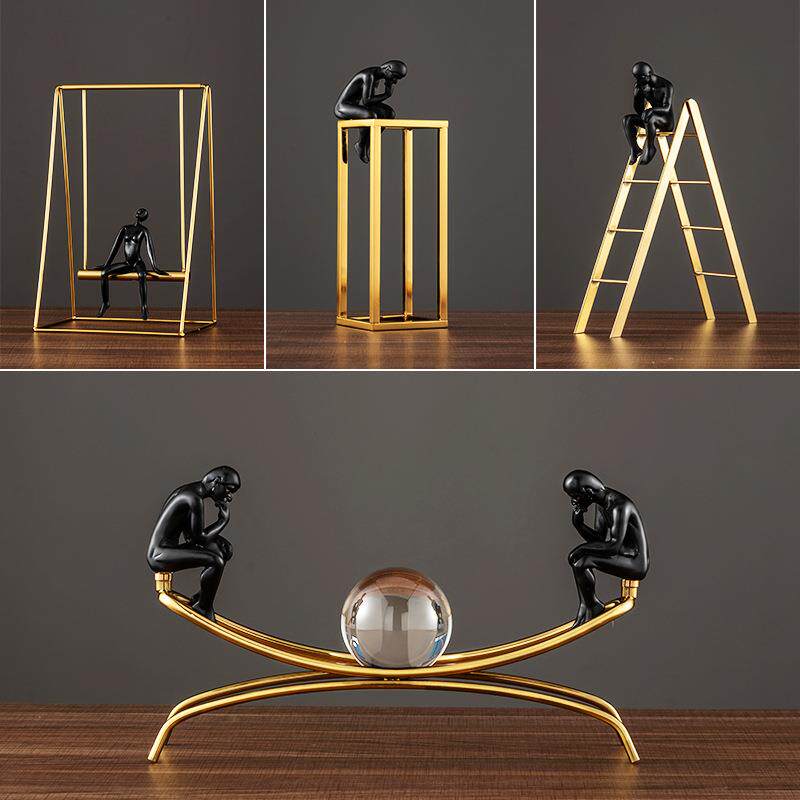 现代欧式思考者摆件轻奢金属样板房书房客厅隔断酒柜装饰品沉思者