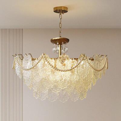 客厅灯法式复古珍珠装饰羽毛玻璃灯简约现代浪漫轻奢卧室餐厅吊灯