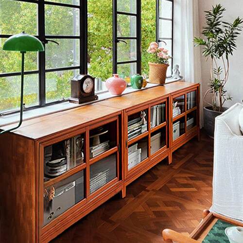 美式实木矮书柜落地靠墙设计 带玻璃推拉门可调节隔板客厅储物柜