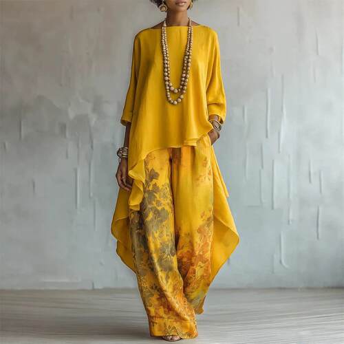 Printed pants, round neck top, front short, back long