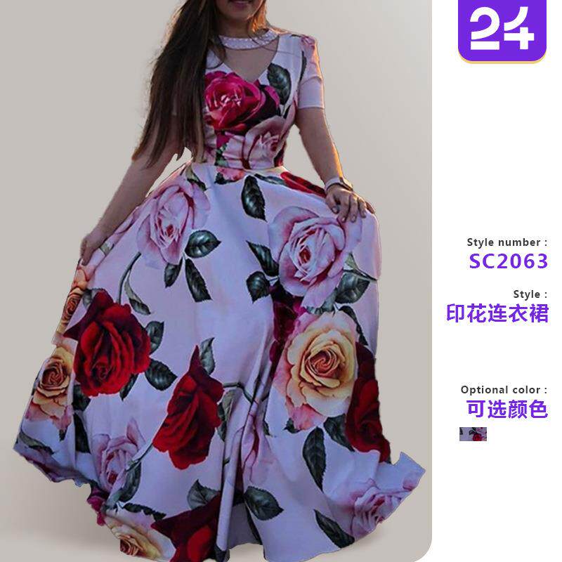 欧美2025春新款玫瑰花3D印花大摆钉珠拼接短袖连衣裙独立站连衣裙
