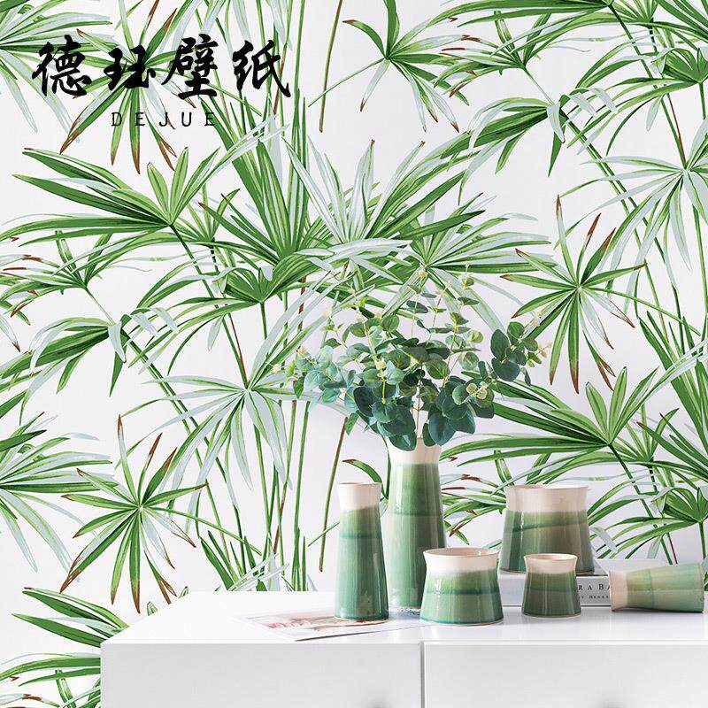 新款直销北欧风格壁纸东南亚热带雨林绿色植物无纺布客厅卧室房间