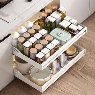 橱柜内可伸缩抽屉置物架厨房炊具收纳拉篮调料下水槽抽拉式储物盒