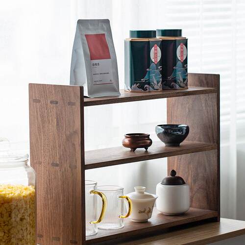 黑胡桃实木桌面收纳层架厨房调料架多层置物架桌上水杯茶杯架展示