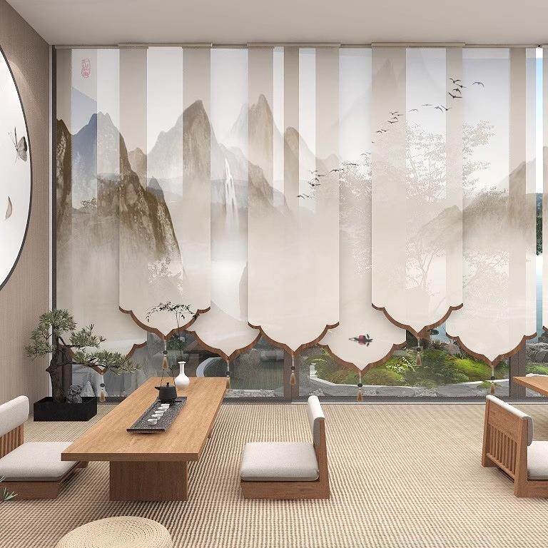 新中式透明山水卷帘窗帘屏风玄关隔断帘挂式升降遮光帘子实木造型