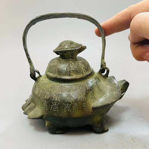 仿古御制手提酒壶茶壶长寿龟铜仿古神龟壶古玩铜器摆件收藏送礼品