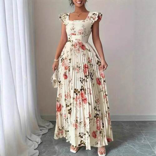 Women's Rose Floral Print Flutter Sleeve Ruched Fitted