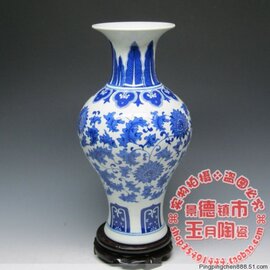 青花瓷器花瓶 手工成型缠枝莲鱼尾瓷瓶 景德镇陶瓷 中式家居摆件