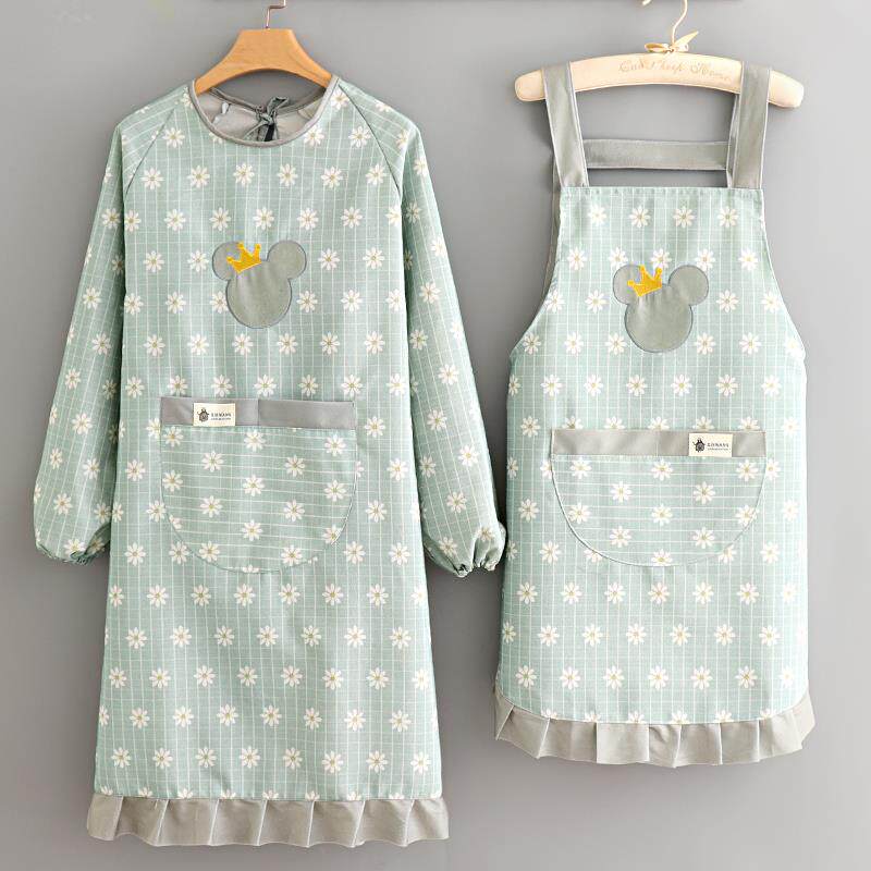 厨房工作烹饪围裙妇女烹饪工作服长袖帆布防油工作服可爱的韩国风
