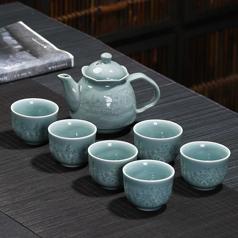 青瓷大容量功夫茶具套装家用陶瓷七头大号泡茶壶茶杯整套礼品可订