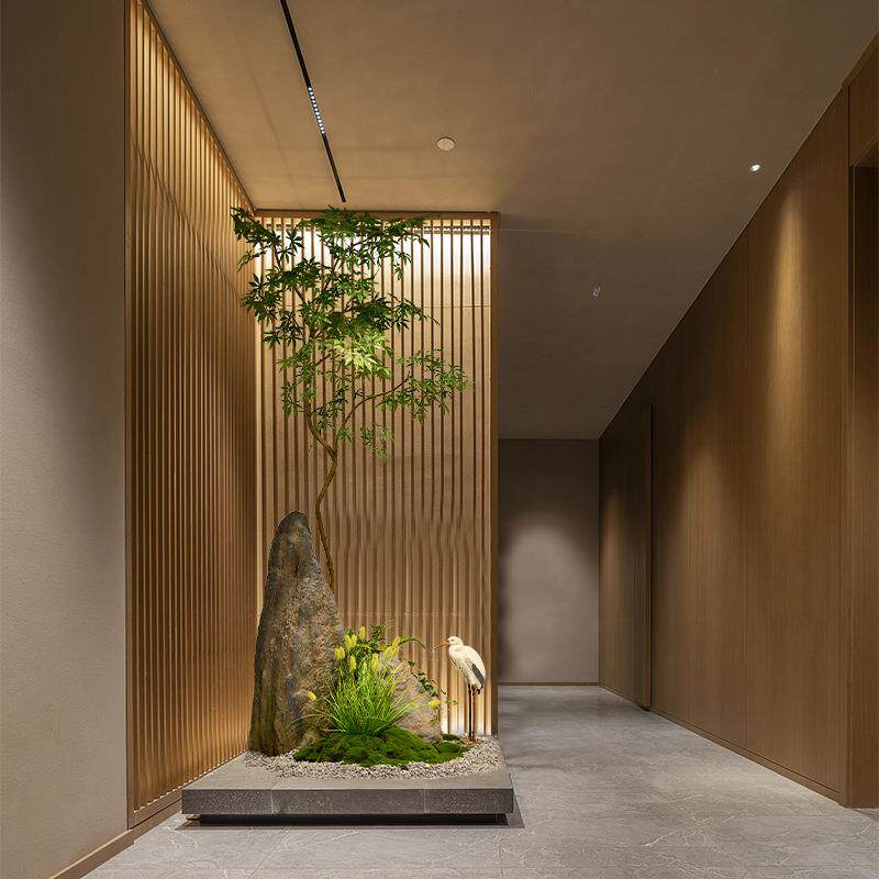 公司前台玄关拐角角落造景仿真绿植枫树景观假山石组合装饰摆件