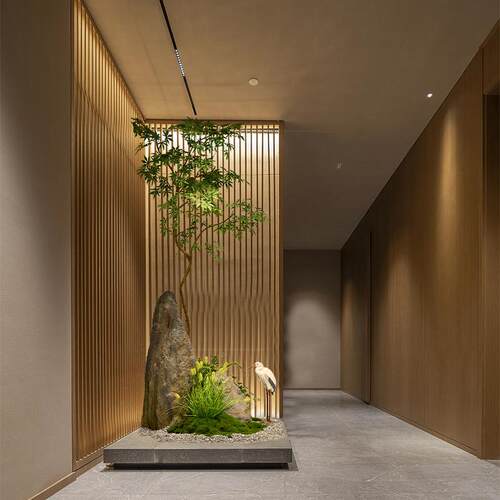 公司前台玄关拐角角落造景仿真绿植枫树景观假山石组合装饰摆件