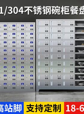 不锈钢食堂碗盘柜学校餐具饭厅员工一体餐盘柜多格门饭盒收纳柜定