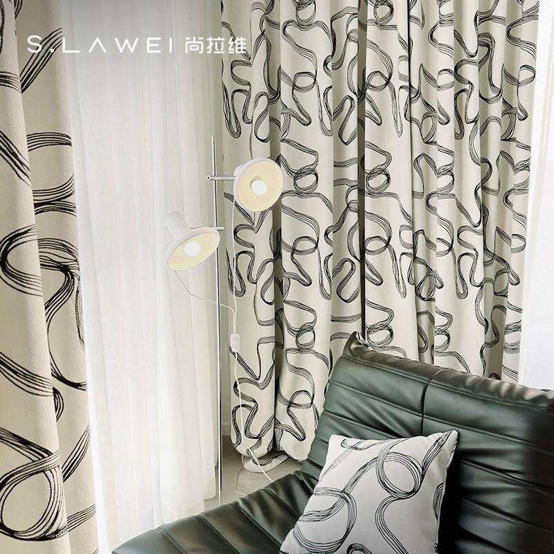 抽象艺术曲线条纹雪尼尔窗帘黑白提花客厅艺术空间成品抱枕布料