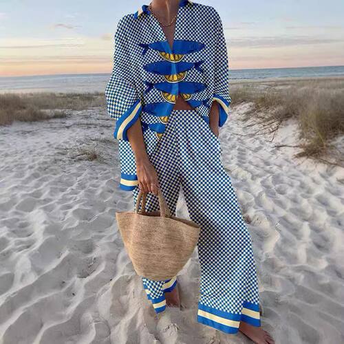 Women's Retro Nautical-Style Sardine Print Wide-Leg Pants