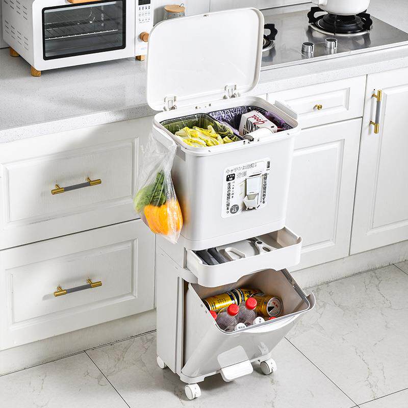 垃圾桶家用双层分类厨余桶厨房干湿分离清洁桶带盖按压滑轮收纳桶
