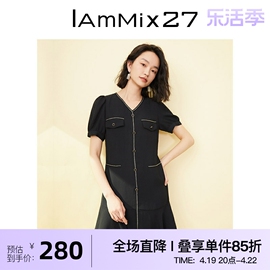 IAmMIX27夏小香风V领连衣裙女短袖高腰法式名媛黑色鱼尾裙女短裙