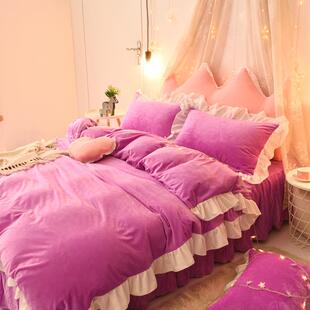 四件套加厚水晶绒被绒套加绒公季 主风花边珊床瑚 冬牛奶床裙式 正品