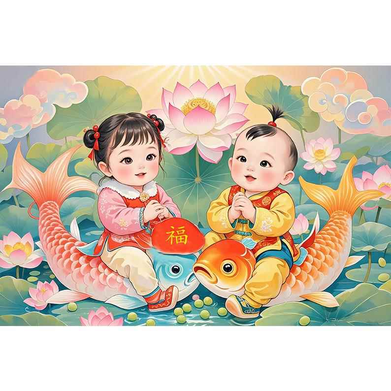 爆款年画福娃自粘画怀旧年味儿防水海报房间卧室床头龙凤胎贴画