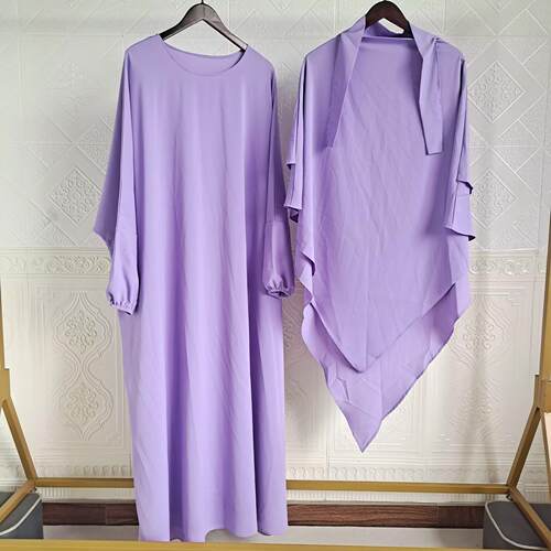 Womens Solid Color Long Sleeve Dress Hijab Set Modest