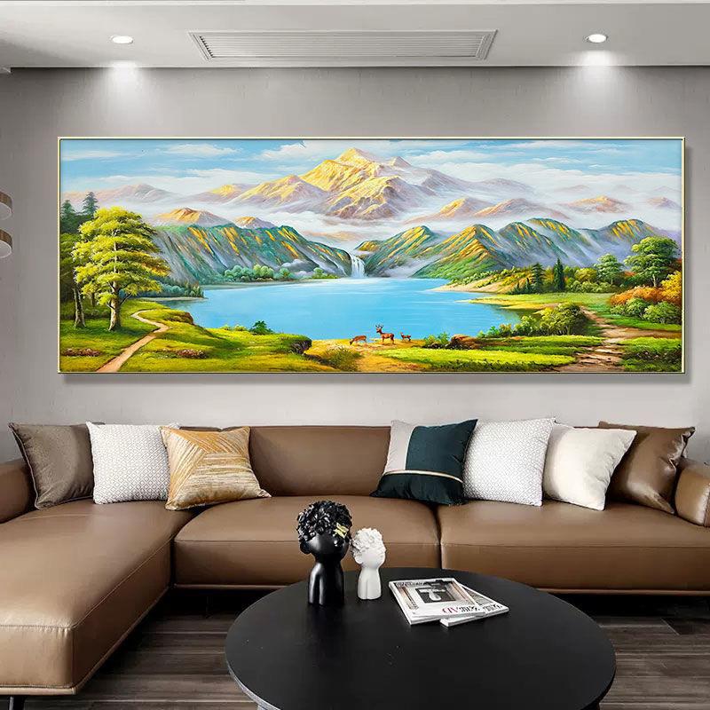 西墙聚财挂画家有靠山背景金山青绿聚宝盆山水油画沙发客厅八方招