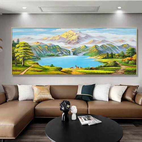 西墙聚财挂画家有靠山背景金山青绿聚宝盆山水油画沙发客厅八方招