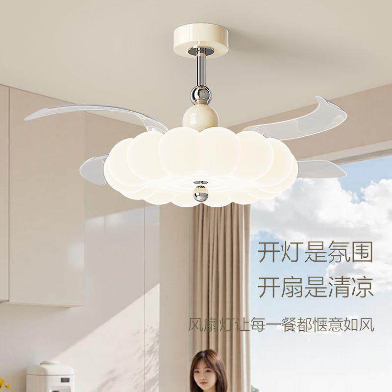 奶油新款隐形中古风扇吊扇客厅餐厅吊灯卧室胡桃木吸顶灯电扇一体