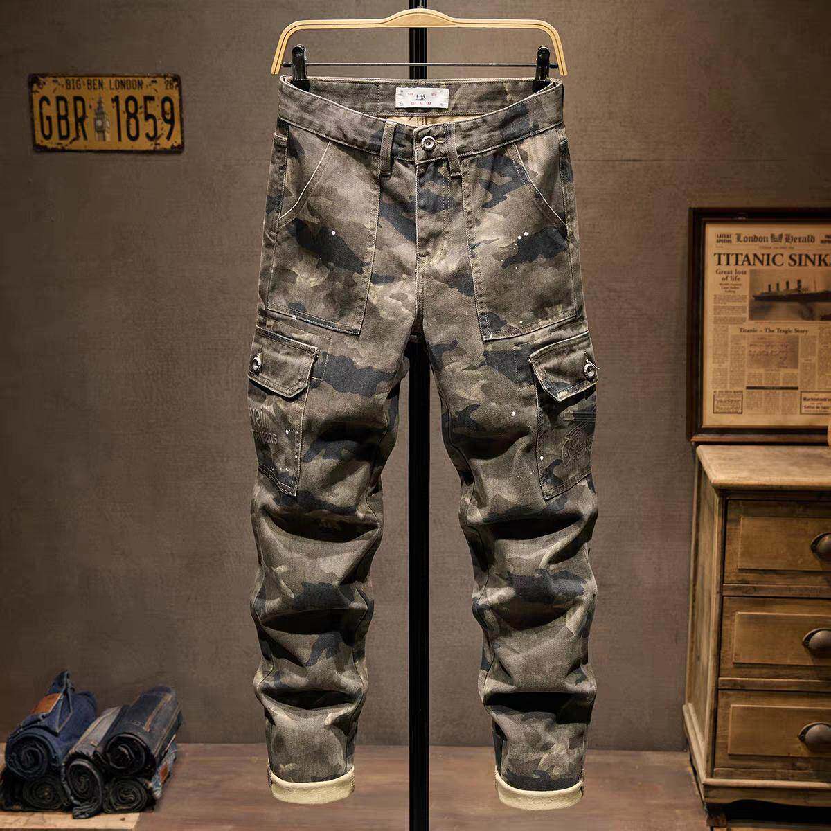 高端美式复古工装牛仔裤男秋冬季户外迷彩宽松直筒多口袋休闲长裤