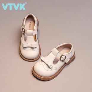 女童软底真皮小皮鞋公主风儿童休闲单鞋 VTVK春季新款米白色童鞋