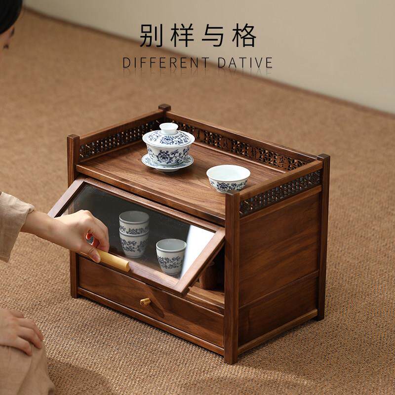 北美黑胡桃木博古架实木置物架茶具紫砂茶壶收纳层架小型玻璃柜防