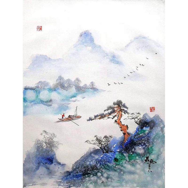 风景油画 客厅装饰画现代简约新中式山水壁挂画 春江泛舟图