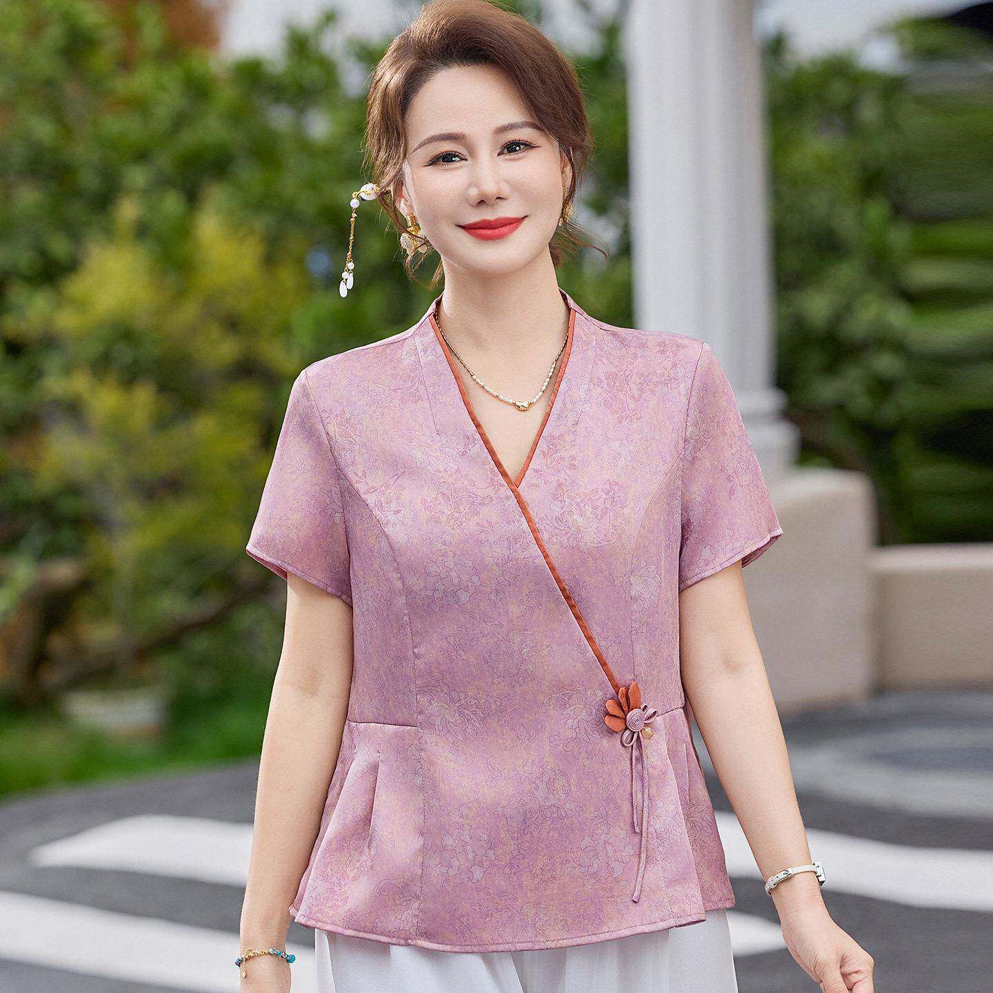 民族风中年T恤女短袖夏装桑蚕丝100%套装妈妈纱袖真丝V领上衣薄款