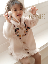 TTcashmere100%山羊绒女童宝宝手工碎花连帽复古加厚羊绒开衫毛衣