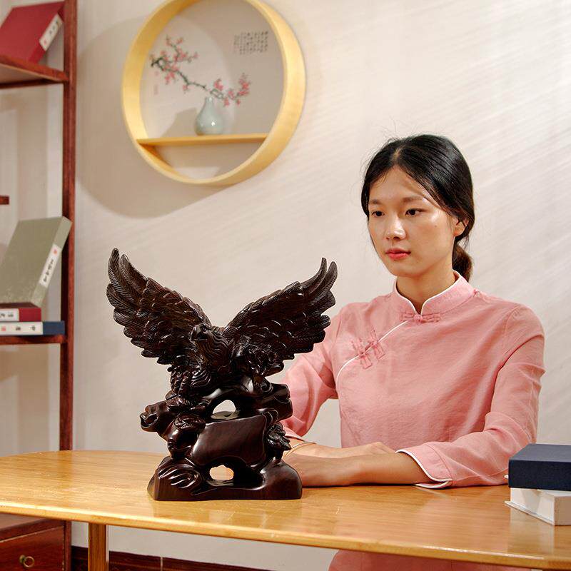 黑檀实木质雕刻大展宏图老鹰家居客厅办公室桌面装饰品摆件工艺品