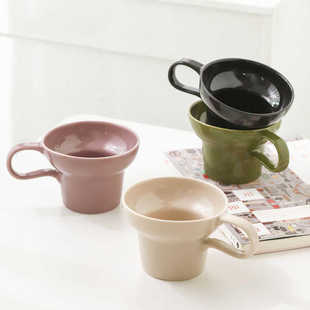 复古咖啡杯办公室茶杯家用水杯礼物 中古风纯色宽口陶瓷马克杯个性
