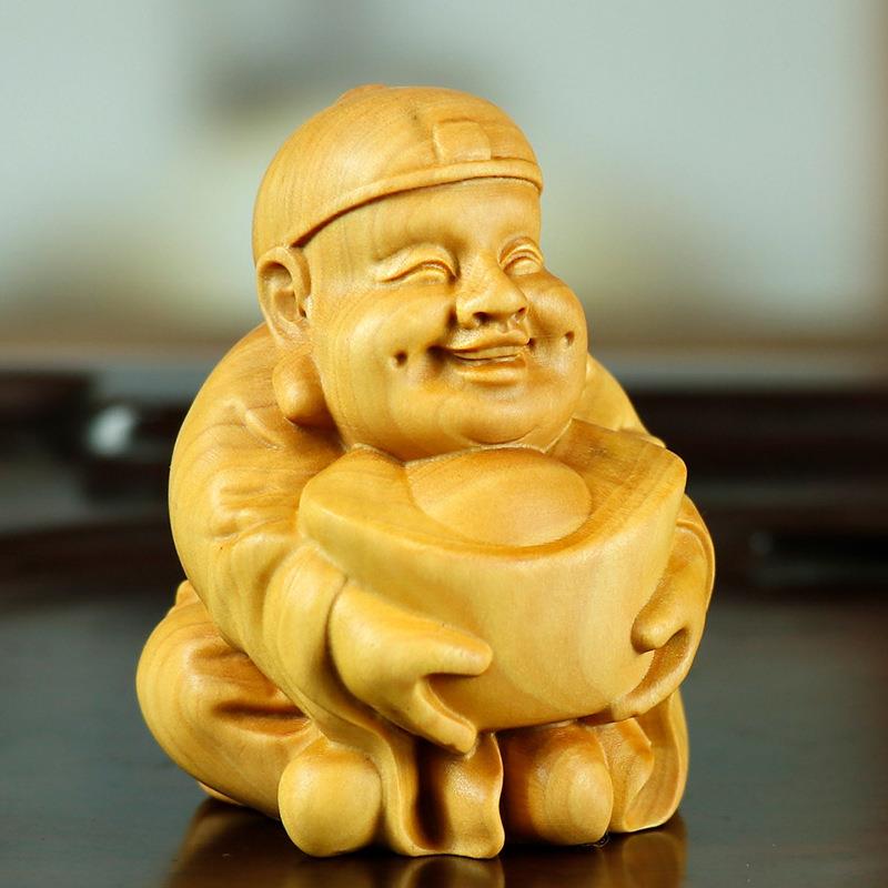 黄杨木雕手把件人物Q版土财神工艺品家居汽车摆件圆雕茶宠装饰品