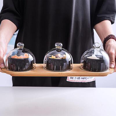 北欧简约陶瓷三件套玻璃罩黑釉瓷甜品盅点心碗竹木小吃碟拼盘组合