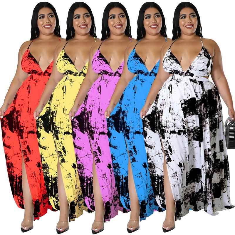 Plus size women's halter backless ink painting dress